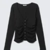 Belle B Ruched V-Neck Cardigan – Black Belle B Ruched V-Neck Cardigan – Black