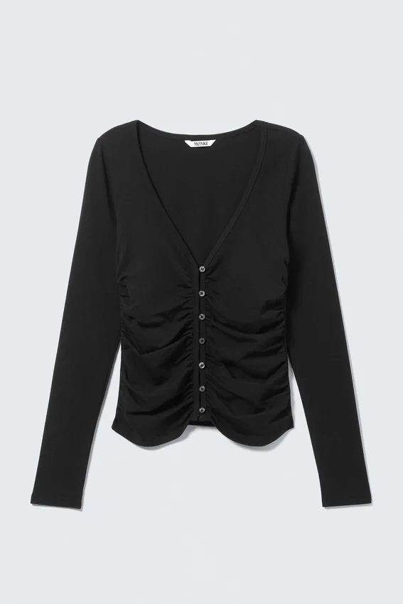 Belle B Ruched V-Neck Cardigan – Black Belle B Ruched V-Neck Cardigan – Black