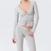 Belle B Ruched V-Neck Cardigan – Light Grey Melange Belle B Ruched V-Neck Cardigan – Light Grey Melange