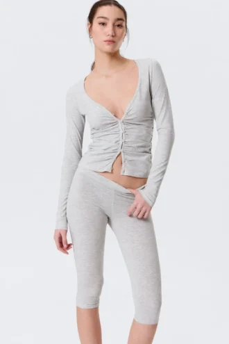 Belle B Ruched V-Neck Cardigan – Light Grey Melange