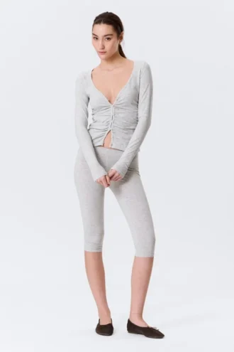 Belle B Ruched V-Neck Cardigan – Light Grey Melange
