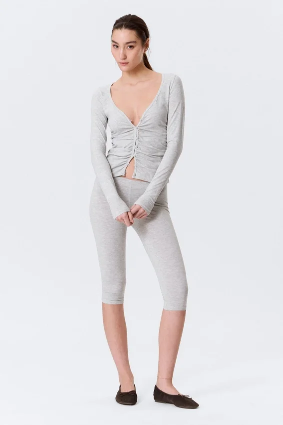 Belle B Ruched V-Neck Cardigan – Light Grey Melange Belle B Ruched V-Neck Cardigan – Light Grey Melange