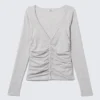 Belle B Ruched V-Neck Cardigan – Light Grey Melange Belle B Ruched V-Neck Cardigan – Light Grey Melange