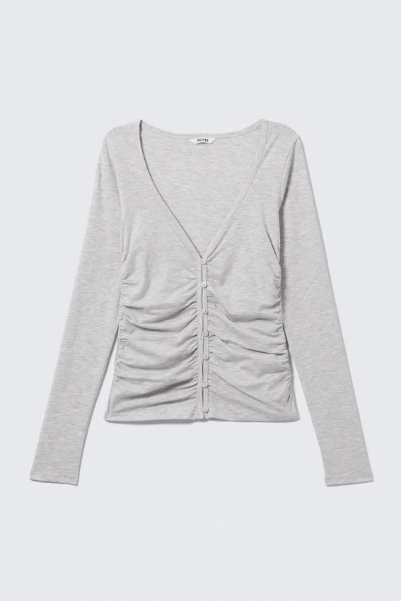 Belle B Ruched V-Neck Cardigan – Light Grey Melange Belle B Ruched V-Neck Cardigan – Light Grey Melange