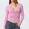 Belle B Ruched V-Neck Cardigan – Pink Belle B Ruched V-Neck Cardigan – Pink