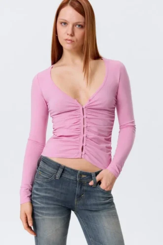 Belle B Ruched V-Neck Cardigan – Pink