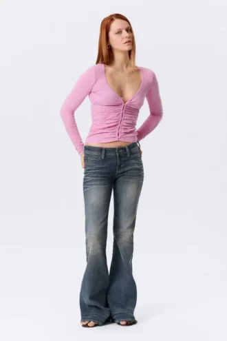 Belle B Ruched V-Neck Cardigan – Pink