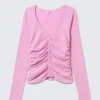 Belle B Ruched V-Neck Cardigan – Pink Belle B Ruched V-Neck Cardigan – Pink