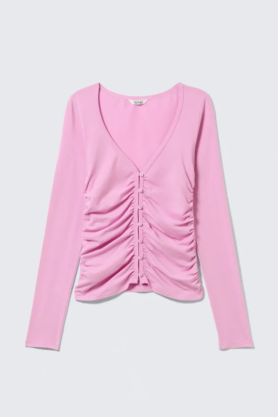 Belle B Ruched V-Neck Cardigan – Pink Belle B Ruched V-Neck Cardigan – Pink
