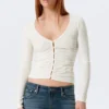 Belle B Ruched V-Neck Cardigan – White Belle B Ruched V-Neck Cardigan – White
