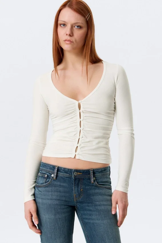 Belle B Ruched V-Neck Cardigan – White Belle B Ruched V-Neck Cardigan – White