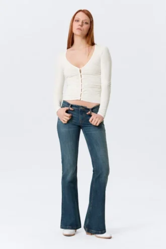 Belle B Ruched V-Neck Cardigan – White