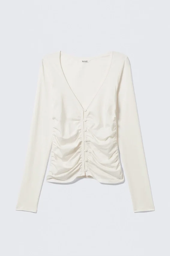 Belle B Ruched V-Neck Cardigan – White Belle B Ruched V-Neck Cardigan – White