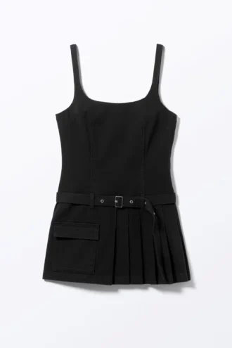 Belted Pleated Mini Dress – Black