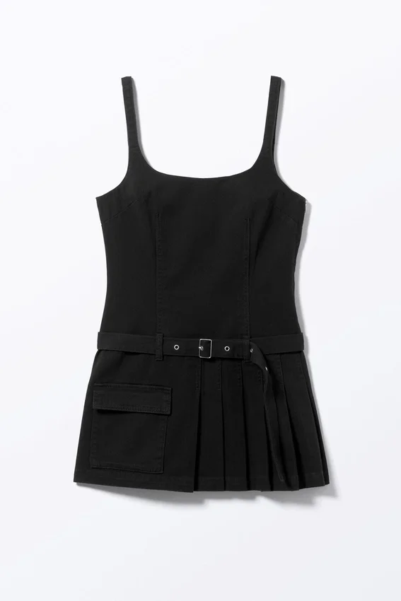 Belted Pleated Mini Dress – Black Belted Pleated Mini Dress – Black