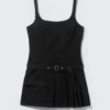 Belted Pleated Mini Dress – Black Belted Pleated Mini Dress – Black