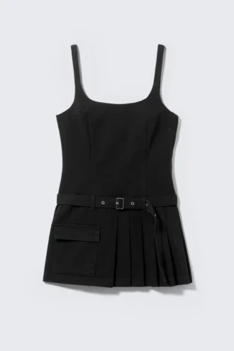 Belted Pleated Mini Dress – Black