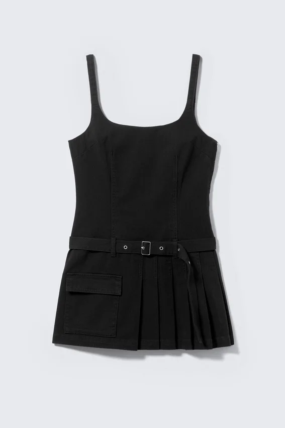 Belted Pleated Mini Dress – Black Belted Pleated Mini Dress – Black