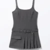 Belted Pleated Mini Dress – Dark Grey Belted Pleated Mini Dress – Dark Grey