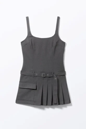 Belted Pleated Mini Dress – Dark Grey
