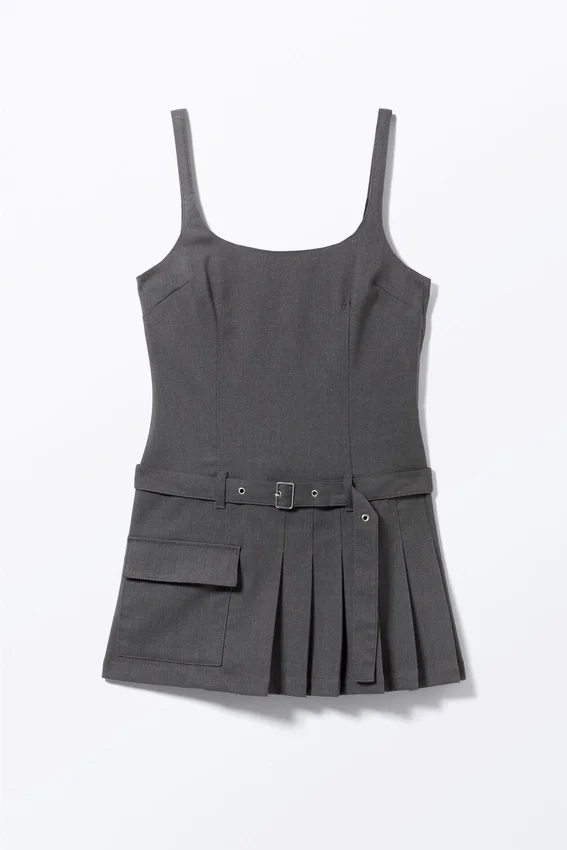Belted Pleated Mini Dress – Dark Grey Belted Pleated Mini Dress – Dark Grey
