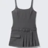Belted Pleated Mini Dress – Dark Grey Belted Pleated Mini Dress – Dark Grey