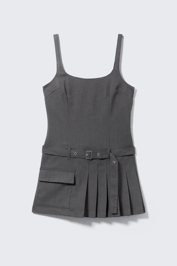 Belted Pleated Mini Dress – Dark Grey Belted Pleated Mini Dress – Dark Grey