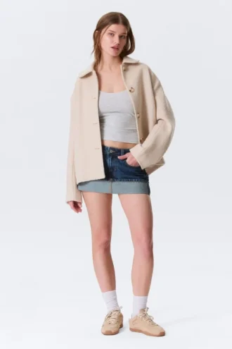 Boxy Button-Up Wool-Blend Jacket – Dusty Cream
