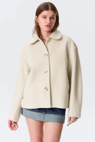 Boxy Button-Up Wool-Blend Jacket – Dusty Cream