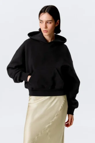 Boxy Cotton Fleece Hoodie – Black