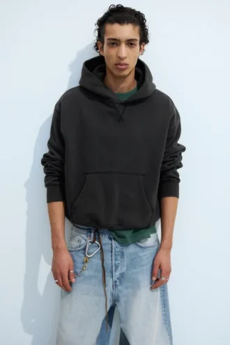 Boxy Cotton Fleece Hoodie – Washed Black