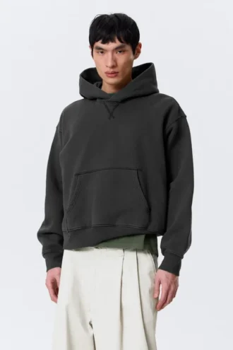 Boxy Cotton Fleece Hoodie – Washed Black