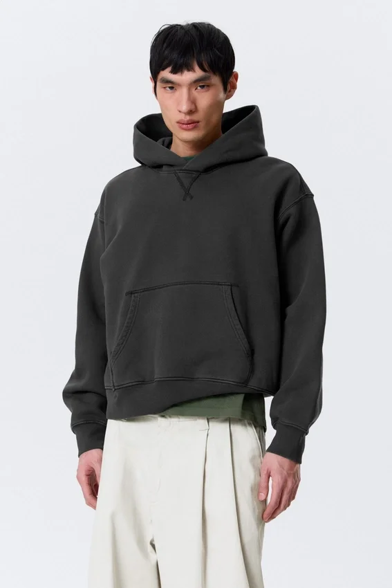 Boxy Cotton Fleece Hoodie – Washed Black Boxy Cotton Fleece Hoodie – Washed Black