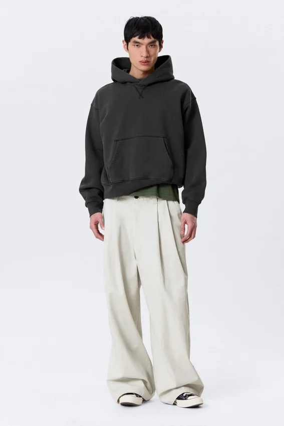 Boxy Cotton Fleece Hoodie – Washed Black Boxy Cotton Fleece Hoodie – Washed Black