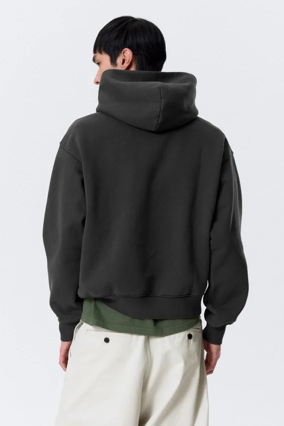 Boxy Cotton Fleece Hoodie – Washed Black Boxy Cotton Fleece Hoodie – Washed Black