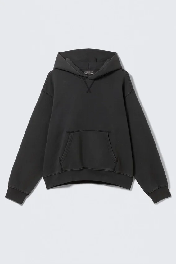 Boxy Cotton Fleece Hoodie – Washed Black Boxy Cotton Fleece Hoodie – Washed Black