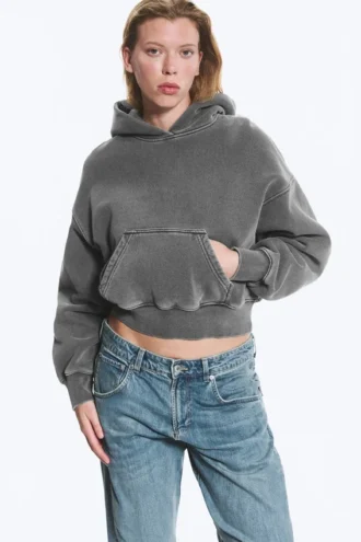 Boxy Cotton Fleece Hoodie – Washed Dark Grey