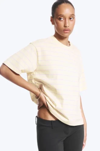 Boxy Cotton T-Shirt – Light Beige – Lilac Stripe