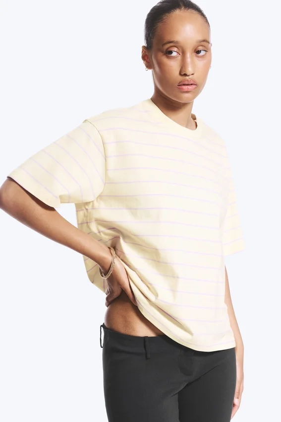 Boxy Cotton T-Shirt – Light Beige – Lilac Stripe Boxy Cotton T-Shirt – Light Beige – Lilac Stripe