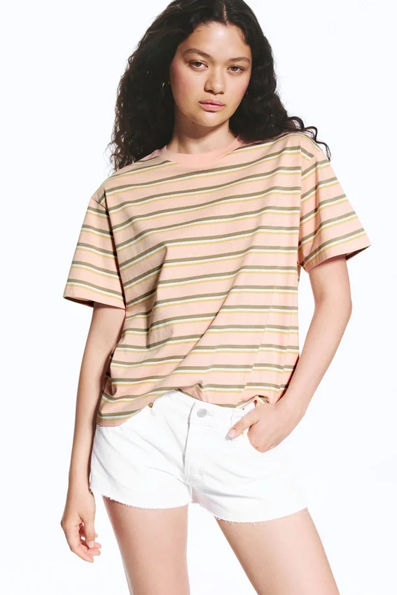 Boxy Cotton T-Shirt – Pink/Khaki Stripe Boxy Cotton T-Shirt – Pink/Khaki Stripe