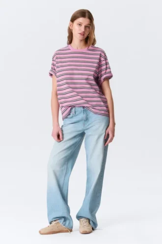 Boxy Cotton T-Shirt – Striped Pink