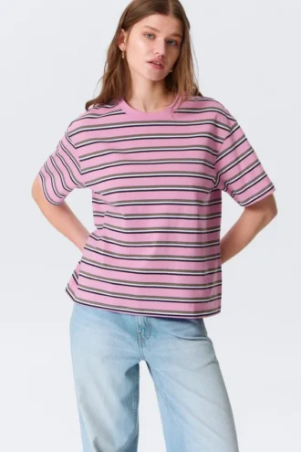 Boxy Cotton T-Shirt – Striped Pink
