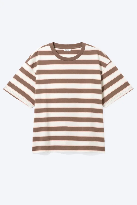 Boxy Cotton T-Shirt – White/Brown/Peach Stripe Boxy Cotton T-Shirt – White/Brown/Peach Stripe