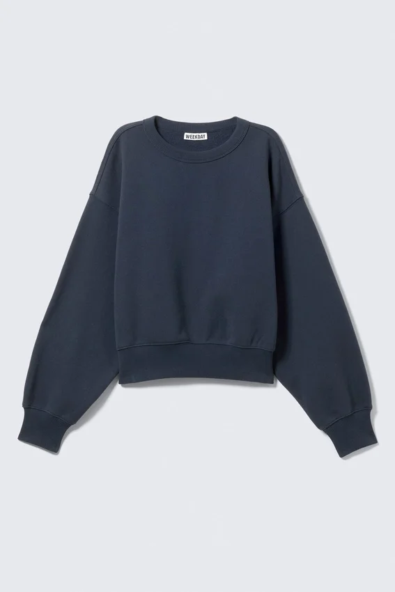 Boxy Cropped Cotton Sweatshirt – Dark Blue Boxy Cropped Cotton Sweatshirt – Dark Blue