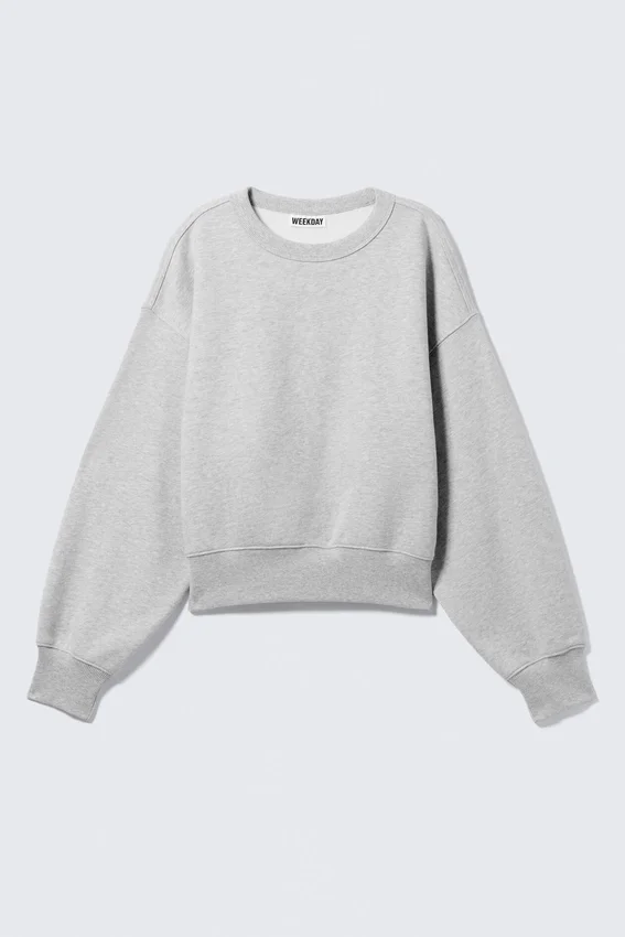 Boxy Cropped Cotton Sweatshirt – Grey Melange Boxy Cropped Cotton Sweatshirt – Grey Melange