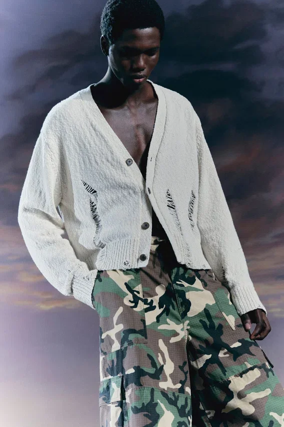 Boxy Distressed Knitted Cardigan – Beige Boxy Distressed Knitted Cardigan – Beige