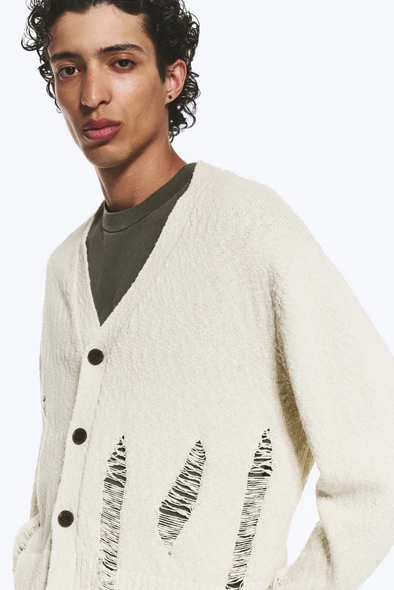 Boxy Distressed Knitted Cardigan – Beige Boxy Distressed Knitted Cardigan – Beige