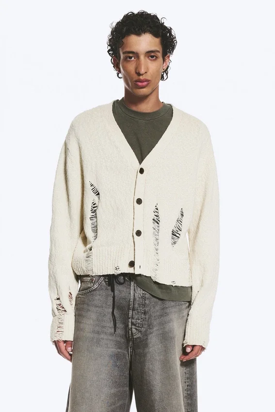 Boxy Distressed Knitted Cardigan – Beige Boxy Distressed Knitted Cardigan – Beige