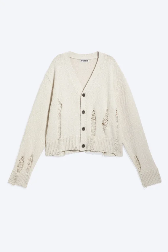 Boxy Distressed Knitted Cardigan – Beige Boxy Distressed Knitted Cardigan – Beige