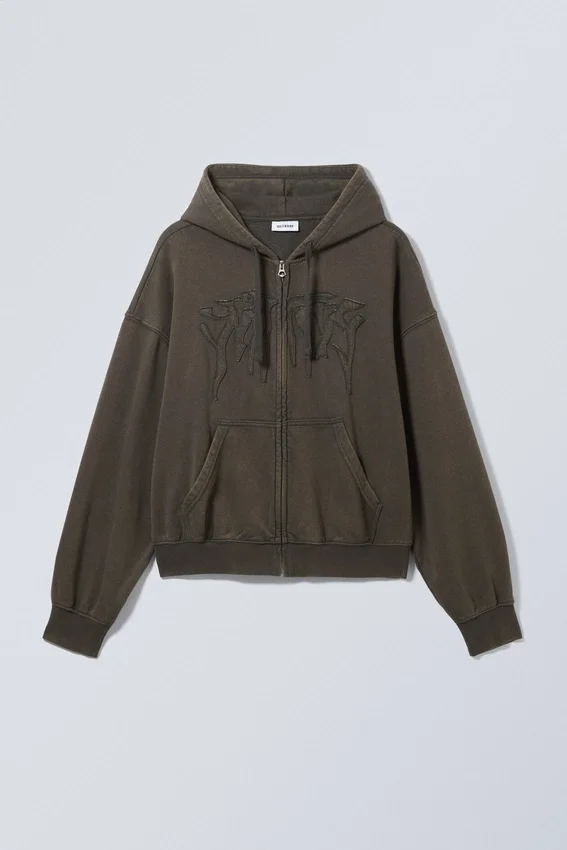 Boxy Embroidery Zip Hoodie – Dark Grey Boxy Embroidery Zip Hoodie – Dark Grey